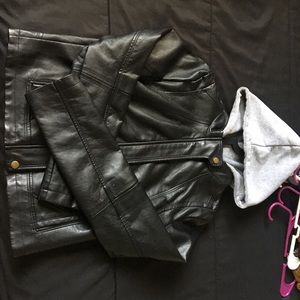 Black Zip Up Leather Jacket w/ Gray Hoodie